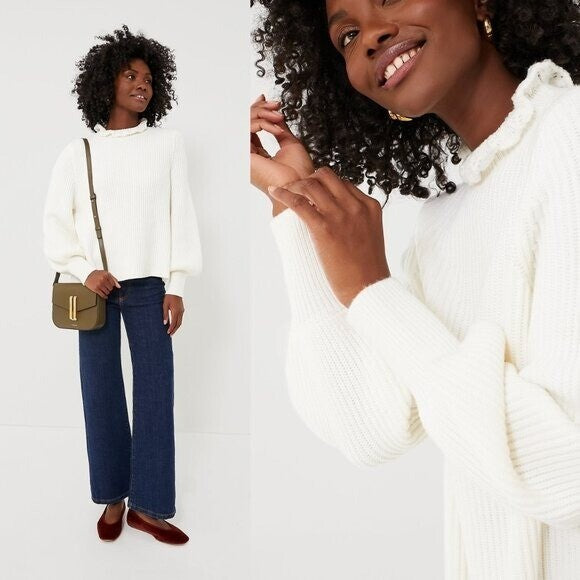 Tuckernuck NEW Ivory Delphine Ruffle Neck Knit Wool Blend Sweater Size XS